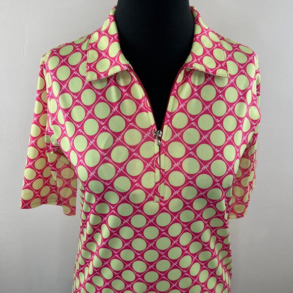 NWT SANSOLEIL Seeing Spots Pink Lime SolCool Short Sleeve Polo Golf Top Size S - Picture 3 of 10